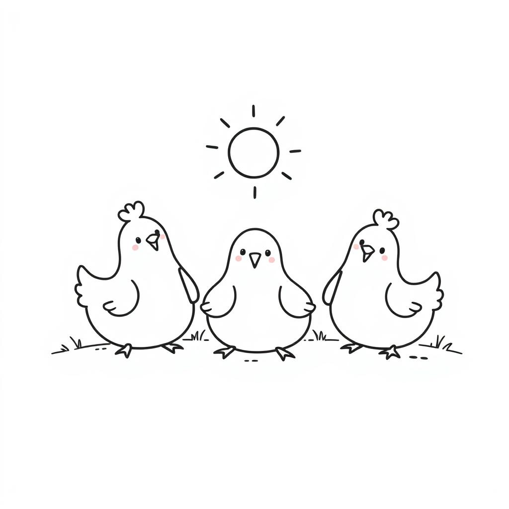 A simple black and white drawing of cute chickens basking in the sun on a plain white background