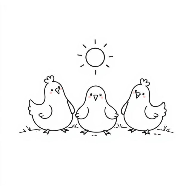 A simple black and white drawing of cute chickens basking in the sun on a plain white background