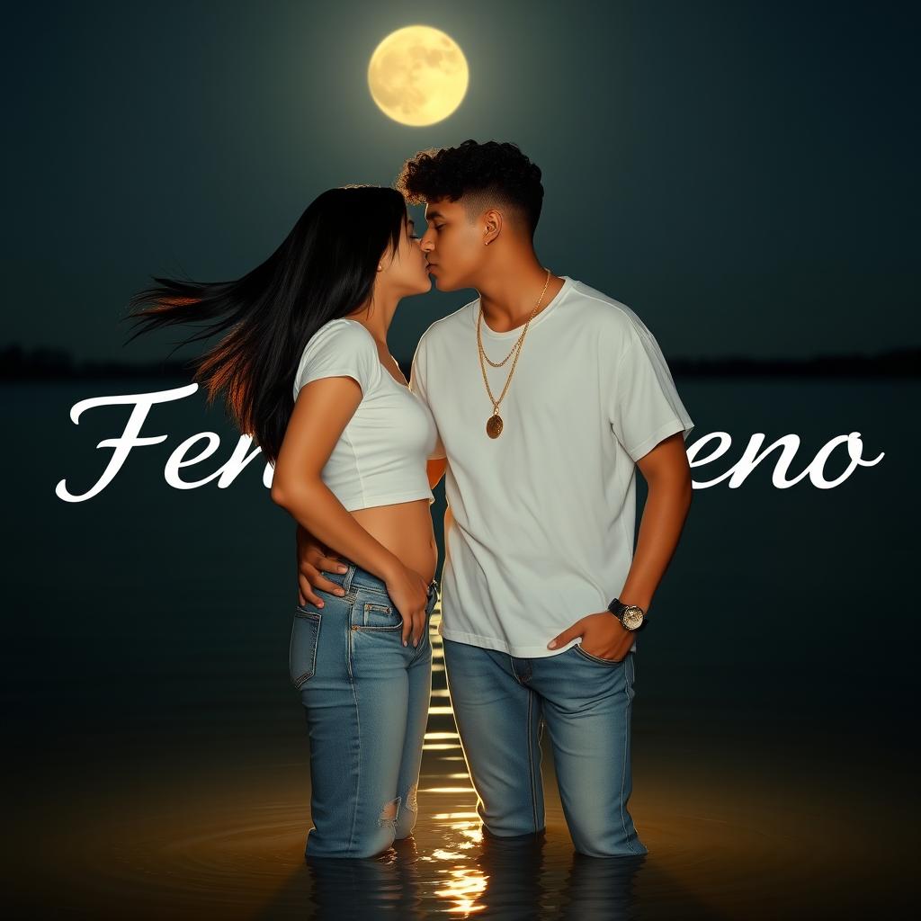 A Hispanic teenage couple stands in a tranquil lake, sharing an intimate moment