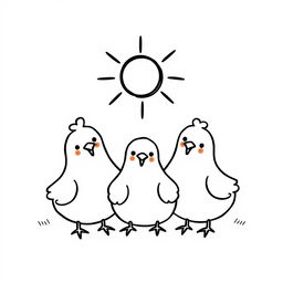 A simple black and white drawing of cute chickens basking in the sun on a plain white background