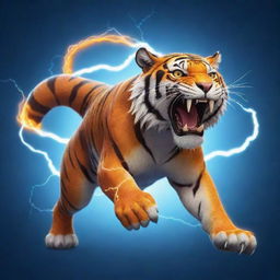 A cool cartoon tiger generating an impressive, electrifying lightning bolt