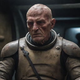 An aged legionnaire, scarred from battle, engaged in an intense interrogation aboard an enigmatic spaceship filled with beings from another universe.