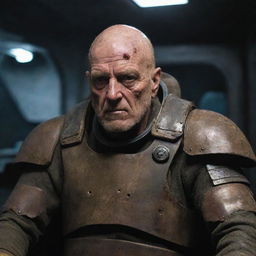 An aged legionnaire, scarred from battle, engaged in an intense interrogation aboard an enigmatic spaceship filled with beings from another universe.