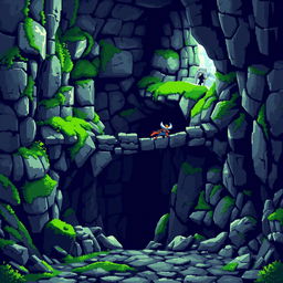 A dungeon scene captured in pixel art, showcasing an environment filled with large, distinct pixels to create a retro, nostalgic texture