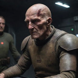 An aged legionnaire, scarred from battle, engaged in an intense interrogation aboard an enigmatic spaceship filled with beings from another universe.