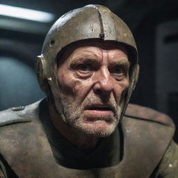 An aged legionnaire, scarred from battle, engaged in an intense interrogation aboard an enigmatic spaceship filled with beings from another universe.