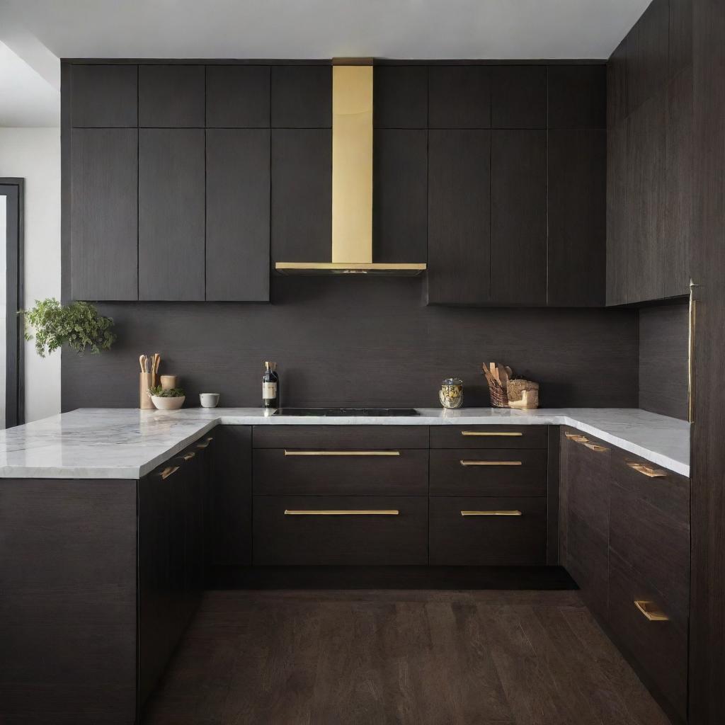 A modern kitchen with dark wood cabinets, drawers with elegant gold handles, and matching dark wood floors.