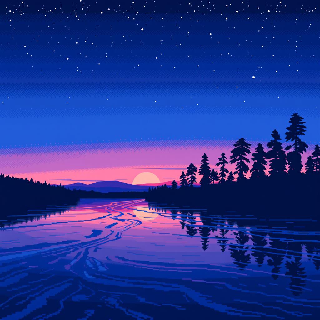 An evening landscape featuring a gently flowing river under a twilight sky