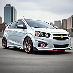 A white Chevrolet Sonic sedan transformed with advanced tuning enhancements