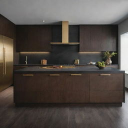 A modern kitchen with dark wood cabinets, drawers with elegant gold handles, and matching dark wood floors.