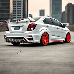 A white Chevrolet Sonic sedan transformed with advanced tuning enhancements