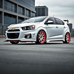 A white Chevrolet Sonic sedan transformed with advanced tuning enhancements