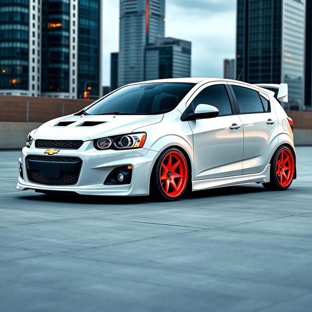 A white Chevrolet Sonic sedan transformed with advanced tuning enhancements