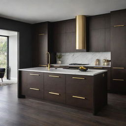 A modern kitchen with dark wood cabinets, drawers with elegant gold handles, and matching dark wood floors.