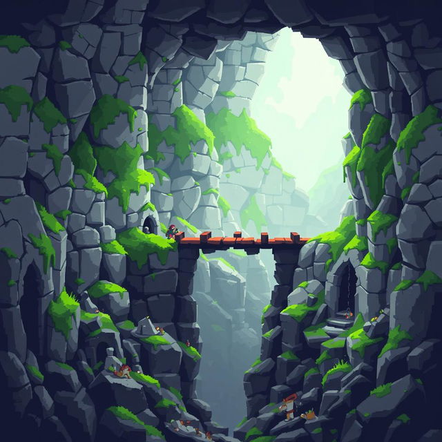 A pixel art scene of a dungeon environment, featuring large, distinct pixels to capture a retro aesthetic