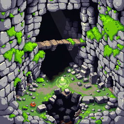 A pixel art scene of a dungeon environment, featuring large, distinct pixels to capture a retro aesthetic