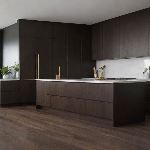 A modern kitchen with dark wood cabinets, drawers with elegant gold handles, and matching dark wood floors.