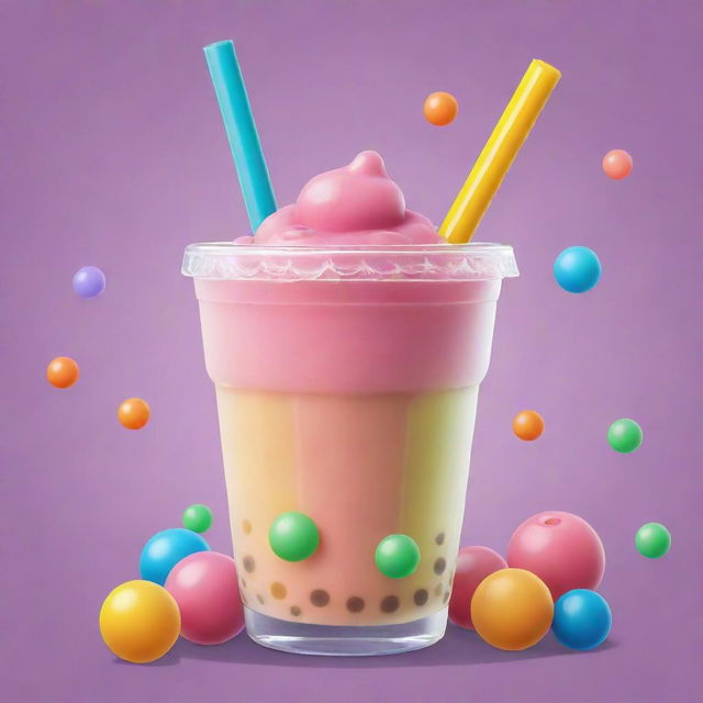 A cartoon image of a delicious looking bubble tea with vibrant colors and bouncy bubbles