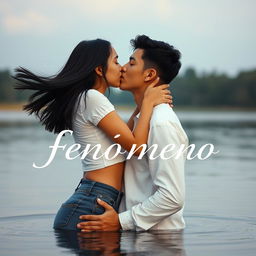 A romantic scene of a Hispanic teenage couple in a serene lake sharing a deep kiss