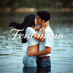 A romantic scene of a Hispanic teenage couple in a serene lake sharing a deep kiss