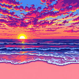 A pixel art scene capturing a stunning sunset over the ocean