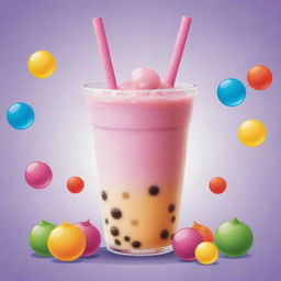 A cartoon image of a delicious looking bubble tea with vibrant colors and bouncy bubbles