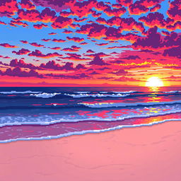 A pixel art scene capturing a stunning sunset over the ocean