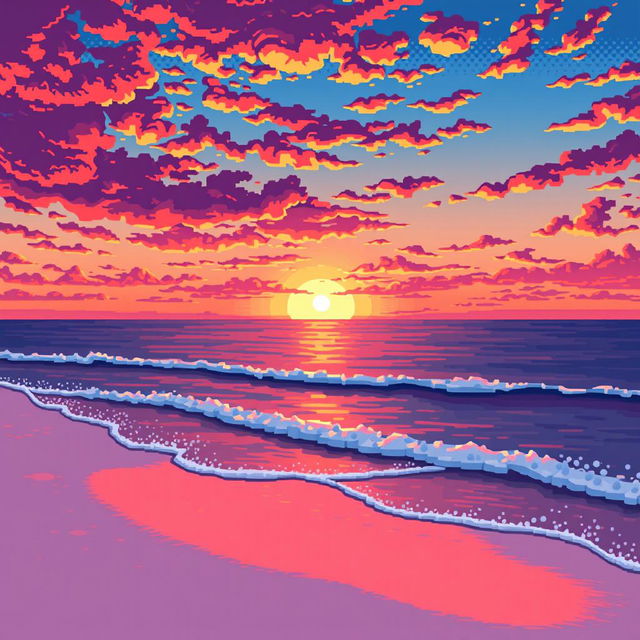 A pixel art scene capturing a stunning sunset over the ocean