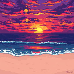 A pixel art scene capturing a stunning sunset over the ocean