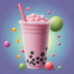 A cartoon image of a delicious looking bubble tea with vibrant colors and bouncy bubbles