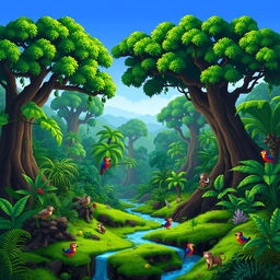 A pixel art scene from a video game set in a lush jungle