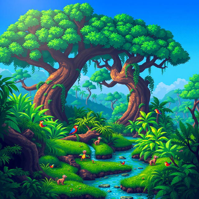 A pixel art scene from a video game set in a lush jungle