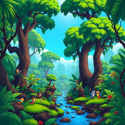 A pixel art scene from a video game set in a lush jungle