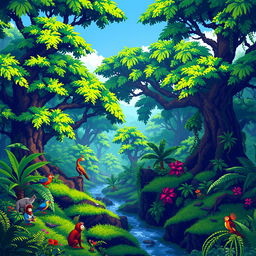 A pixel art scene from a video game set in a lush jungle