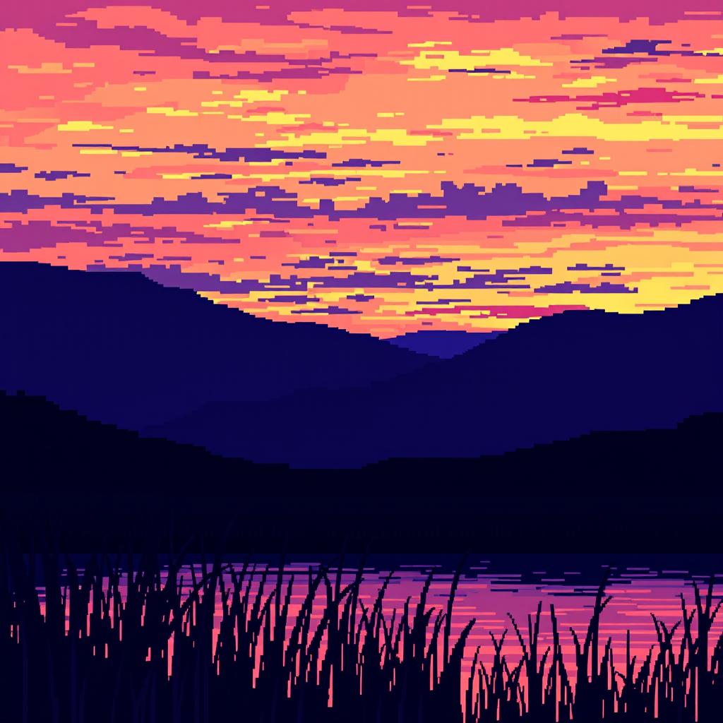 An evening landscape depicted in pixel art with large, distinct pixels