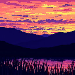 An evening landscape depicted in pixel art with large, distinct pixels