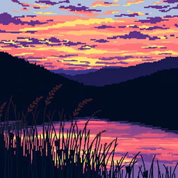 An evening landscape depicted in pixel art with large, distinct pixels