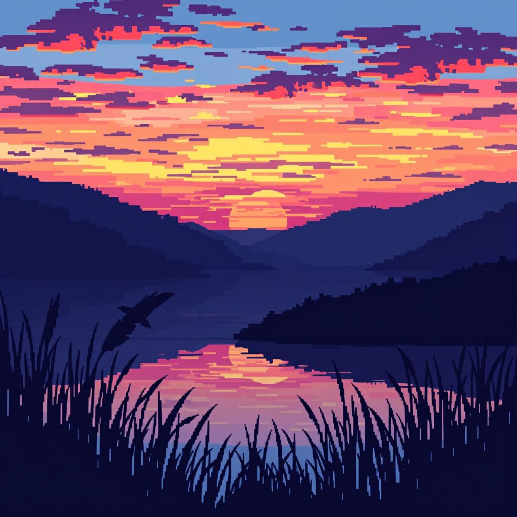 An evening landscape depicted in pixel art with large, distinct pixels