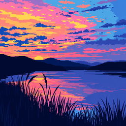 An evening landscape depicted in pixel art with large, distinct pixels