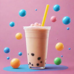 A cartoon image of a delicious looking bubble tea with vibrant colors and bouncy bubbles