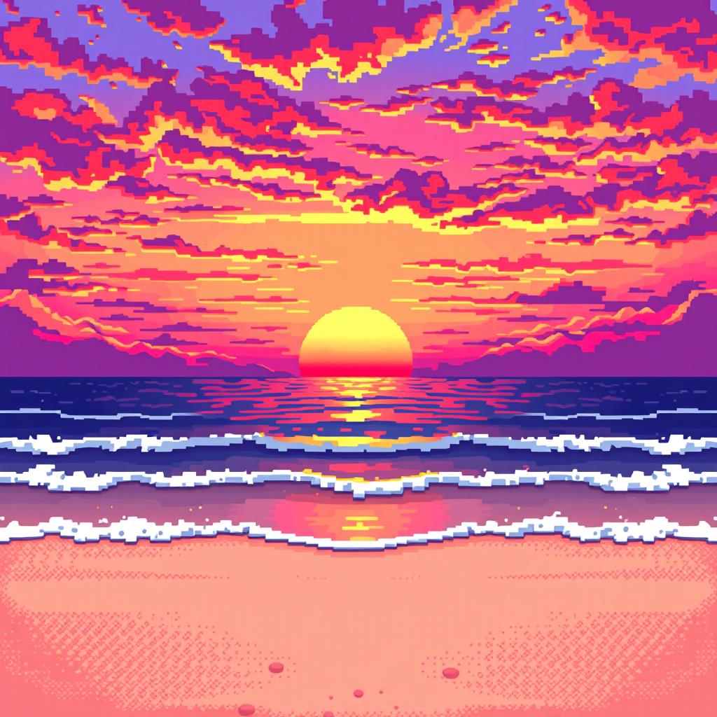 A pixel art scene of a beautiful sunset over the ocean