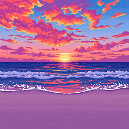 A pixel art scene of a beautiful sunset over the ocean