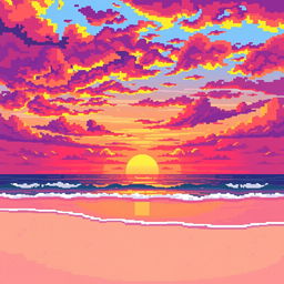 A pixel art scene of a beautiful sunset over the ocean