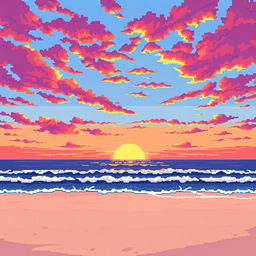 A pixel art scene of a beautiful sunset over the ocean