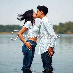 A Hispanic teenage couple shares a deep kiss while standing in a serene lake