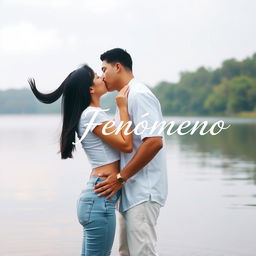 A Hispanic teenage couple shares a deep kiss while standing in a serene lake