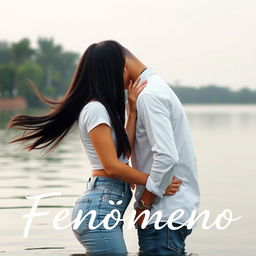 A Hispanic teenage couple shares a deep kiss while standing in a serene lake