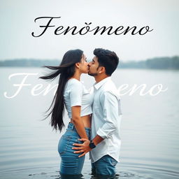 A Hispanic teenage couple shares a deep kiss while standing in a serene lake