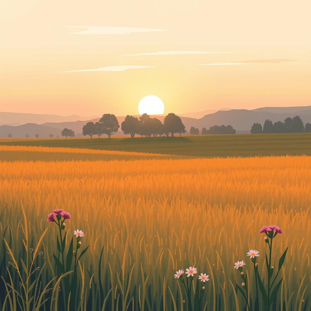 A peaceful morning landscape depicted in pixelated illustration style with large pixels