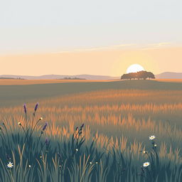 A peaceful morning landscape depicted in pixelated illustration style with large pixels